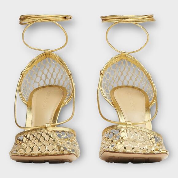 Womans Stretch Mesh Ankle Tie High Heel Sandals In Gold Size 37 - Picture 7 of 12